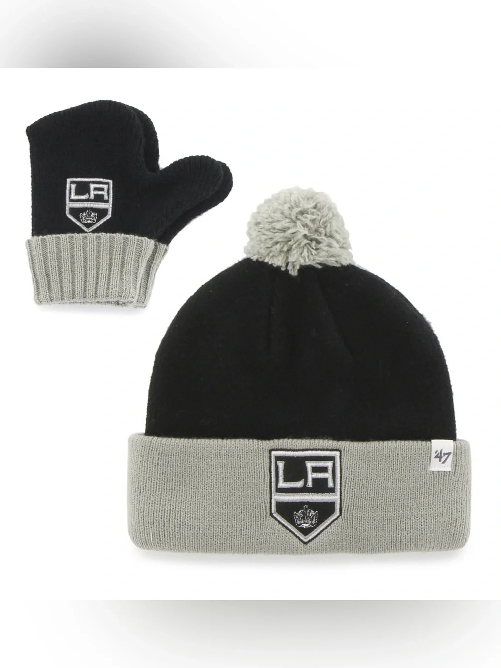 NWT [‘47] LA Kings 👑 NHL Team Knit Beanie Winter Hat & Mittens Set Black, Infant